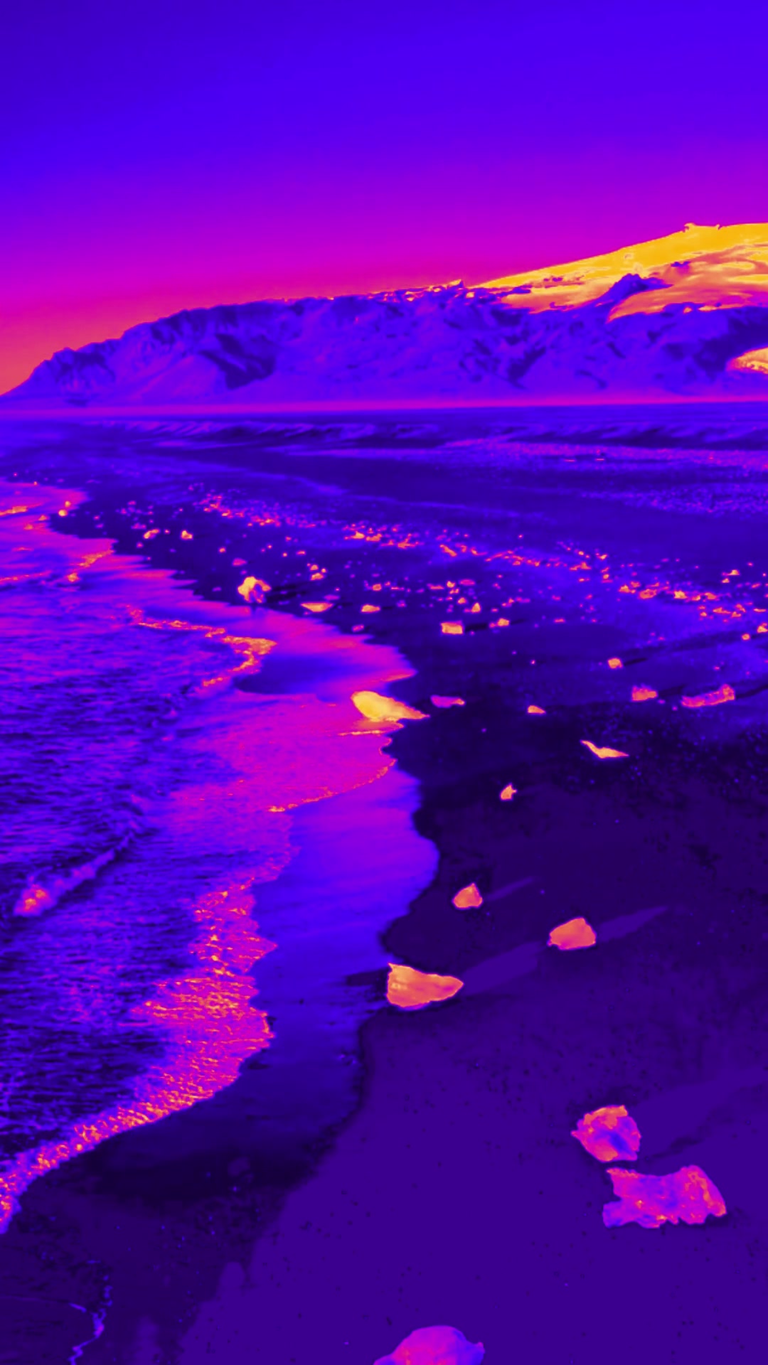 Violet, gold, and pink coastal artwork from the Take Me Away visual